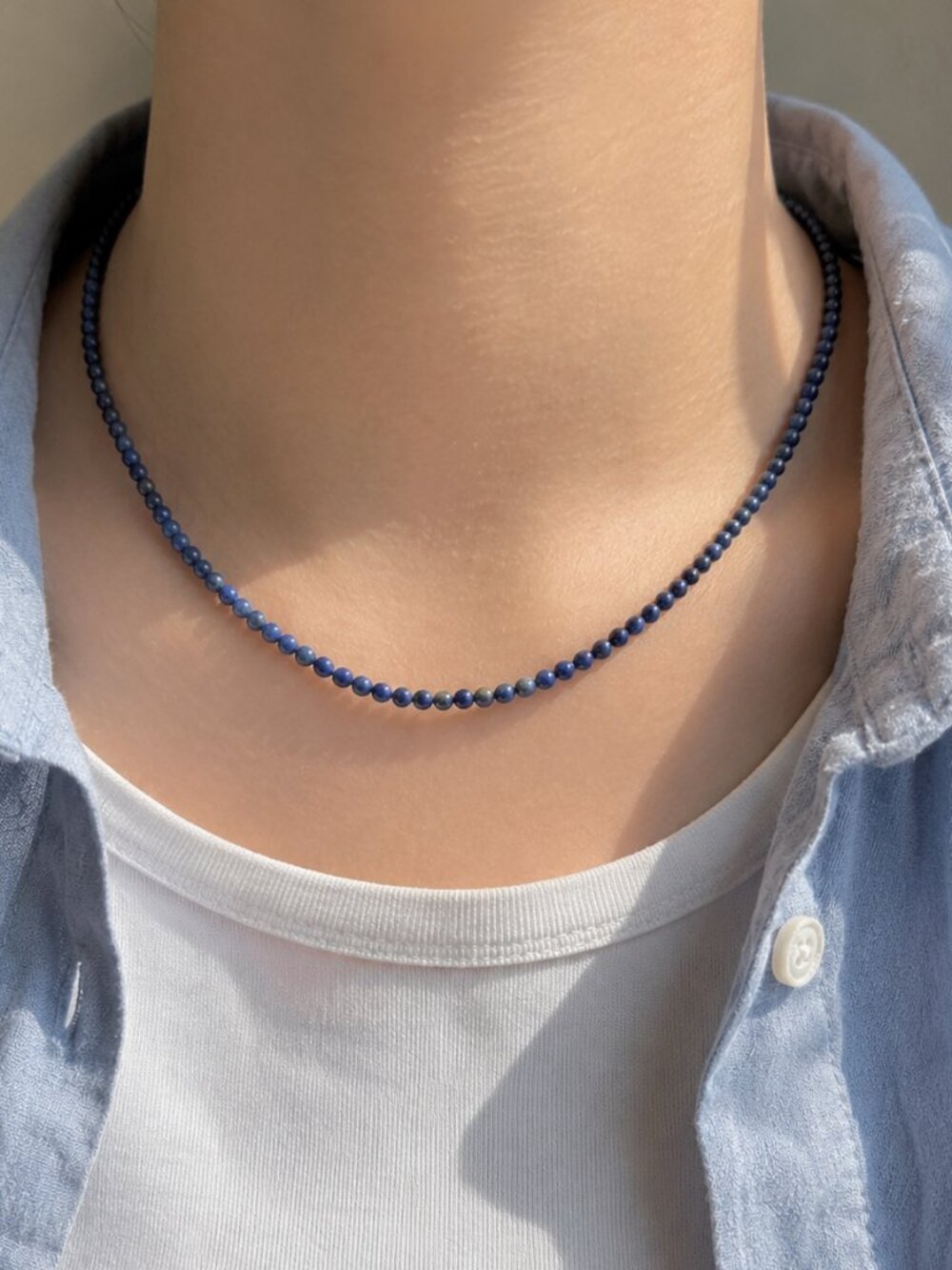 Unisex Denim Blue Tiny Bead Necklace | Natural Sodalite, 16”+2” Extender
